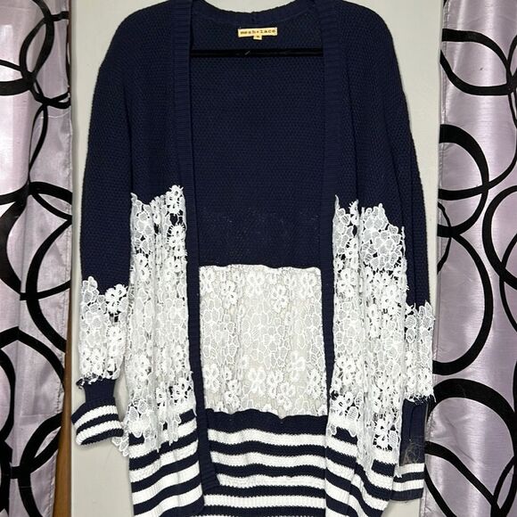 Mesh +Lace striped lace knit cardigan, size medium - Picture 1 of 10